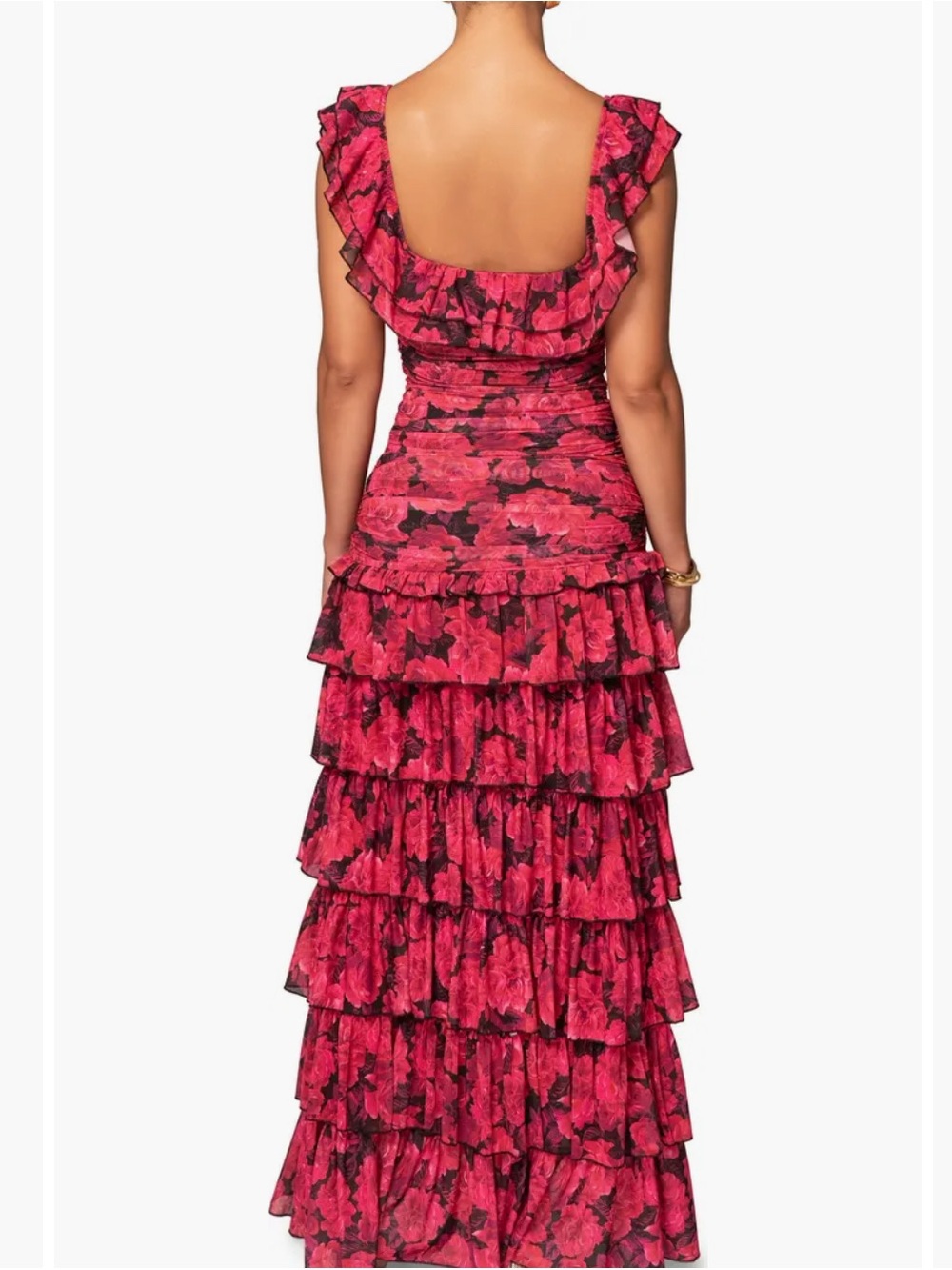 Off-Shoulder Red Floral Ruffle Maxi Dress - Picture 4 of 9